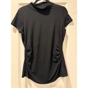 White House Black Market Black Mock Neck Ruched Side Top Gold Button Shoulder M